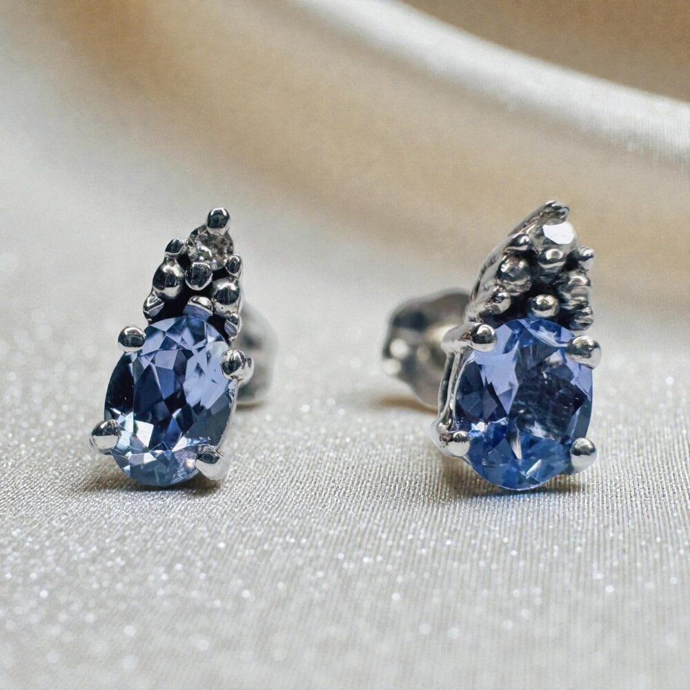 Natural Tanzanite & Diamond Earrings in 10K White Gold -1/2CTTW -Dainty Studs